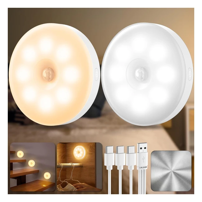 2pcs Lampe Détecteur de Mouvement Intérieur | Veilleuse pour Couloir, Cuisine, Escalier, Chambre d'Enfant, Armoire