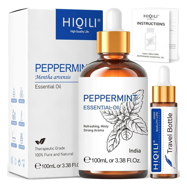Hiqili Peppermint Oil 100ml - 100% Pure Essential Oil for Diffuser & Hair - Refreshing & Purifying
