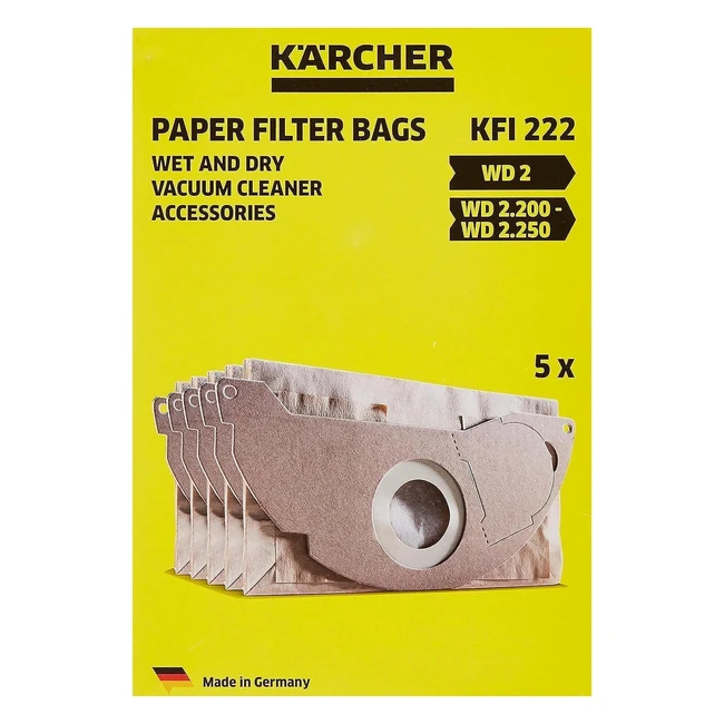 Karcher Original Paper Filter Bags KFI 222 - 5 Pieces - Customfit for Wet and Dry Vacuum Cleaners