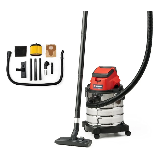 Aspirador Secohmedo Einhell 2347130 - Potencia 8 kPa - Recipiente de Acero Inoxidable 20L - 15m de Manguera - 18V