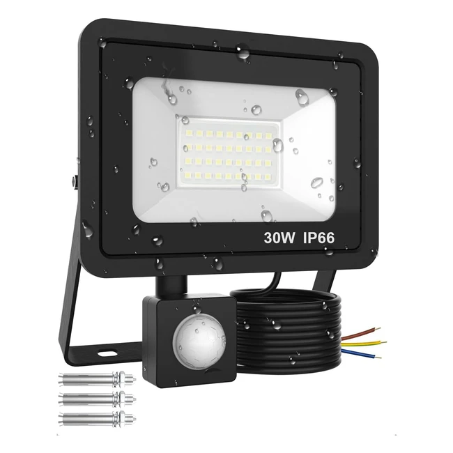 Projecteur LED Tanche IP66 30W 3000lm Spot Blanc Froid Extérieur avec Détecteur de Mouvement