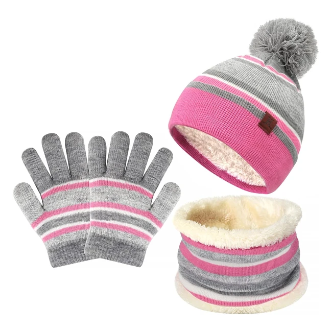 Kids Winter Beanie Hat Scarf Gloves Set - Warm Knit, Age 2-7, Fleece Lined