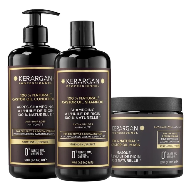 Kerargan Trio Antichute - Shampoing, Après-shampoing, Masque - Cheveux Secs, Cassants ou Dévitalisés - Accélère la Croissance Capillaire - Sans Sulfate Silicone - 3x500 ml