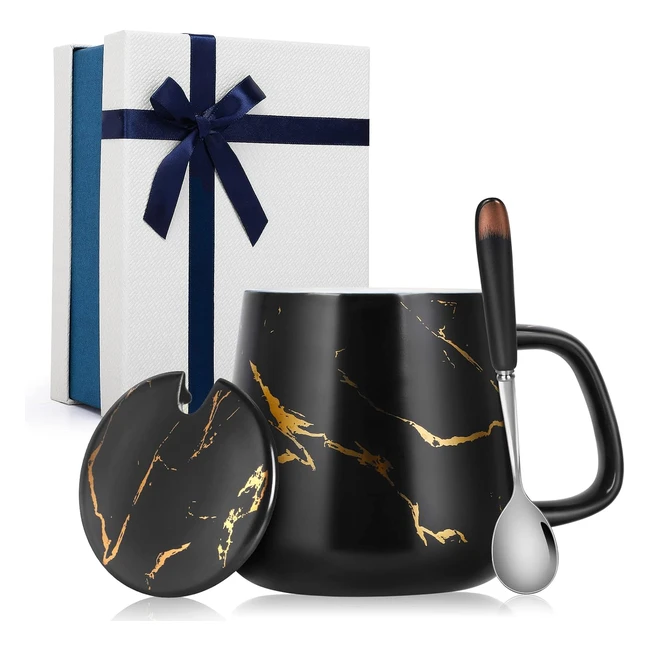 Taza de café de cerámica de mármol con tapa y cuchara - Set de regalo 12oz350ml - Negro