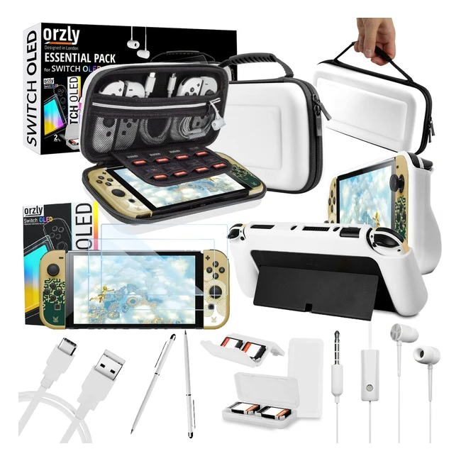 Kit Accesorios Orzly Nintendo Switch OLED - Estuche, Protector Pantalla, Funda Comfort Grip, Cable Cargador, Soporte Juegos