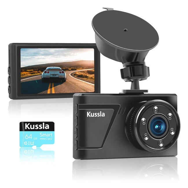 Kussla Dash Cam Front 1080p FHD with 64GB Card - Night Vision Wide Angle Loop 