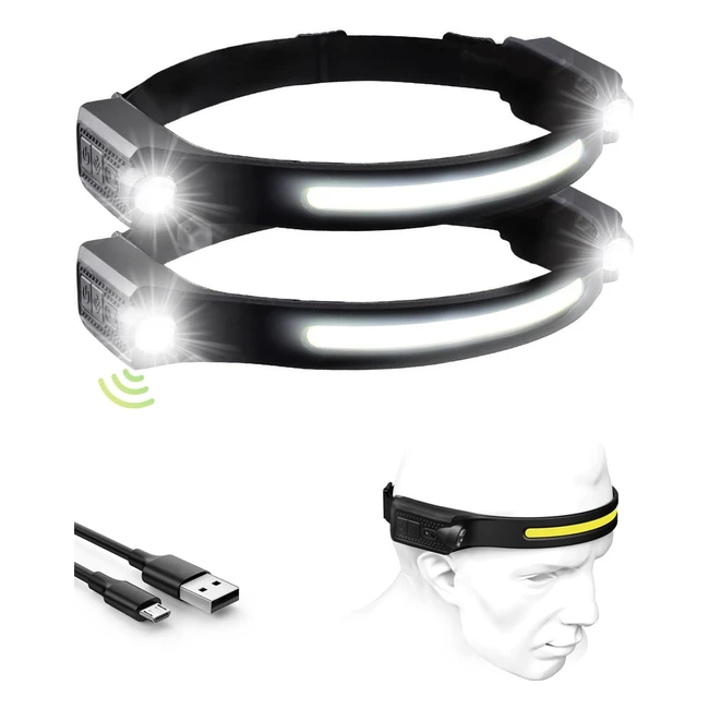 Lampe Frontale Rechargeable LED 1200lm - Double 12h Autonomie - 5 Modes d'éclairage - Légère avec Détecteur de Mouvement - Étanche - Noir (2 Pack)