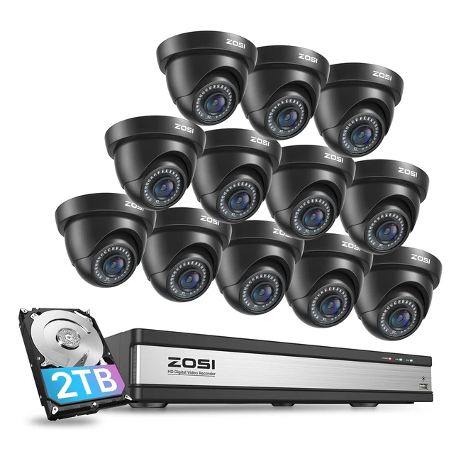 ZOSI 3K Lite 16CH Security Camera System with AI Human Vehicle Detection - 16 Channel CCTV DVR with 2TB HDD and 12 x 1080P Indoor Outdoor Dome Camera
