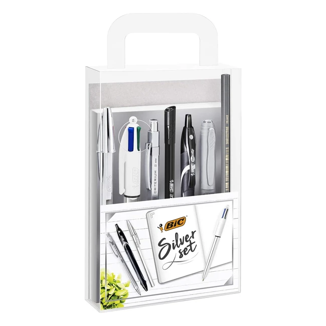 BIC Silver Set - 1 Notebook 3 Ball Pens 1 Gel Pen 1 Roller Pen 1 Permanent M