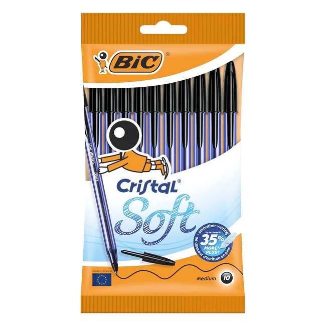 BIC Cristal Soft Ball Pens - Pack of 10 - Black - Medium Point 12mm - Smooth Writing