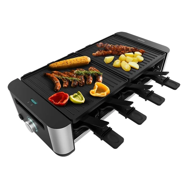 Raclette Cheesegrill 16000 Inox Black - Puissant grill de 1400W - 8 personnes - Plaque antiadhésive - Thermostat réglable
