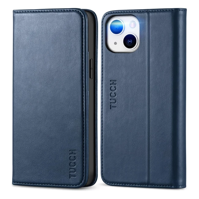 Funda TUCCH para iPhone 14 5G - RFID - Cuero - Azul Oscuro