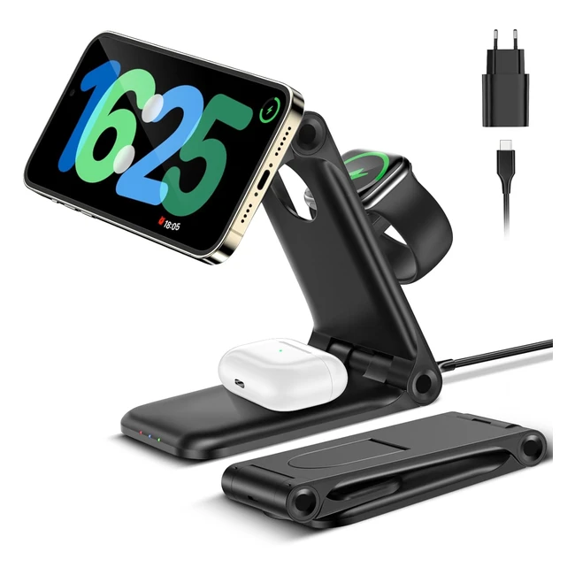 Chargeur Induction Sans Fil Magnétique Pliable Portable 3 en 1 Magsafe pour Apple iPhone 15/14/13/12/11 Pro Max, Airpods 2/3 Pro, iWatch 9/8/7/6/5/4/3/2/1