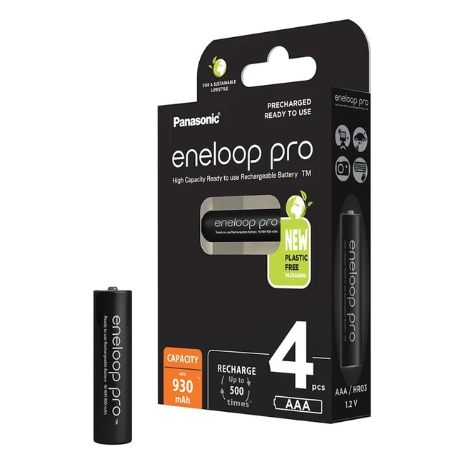 Panasonic Eneloop Pro AAA Batterie Ricaricabili - Confezione 4 - 930mAh - Durata 500 Cicli di Carica - Scarica Ridotta - Senza Plastica
