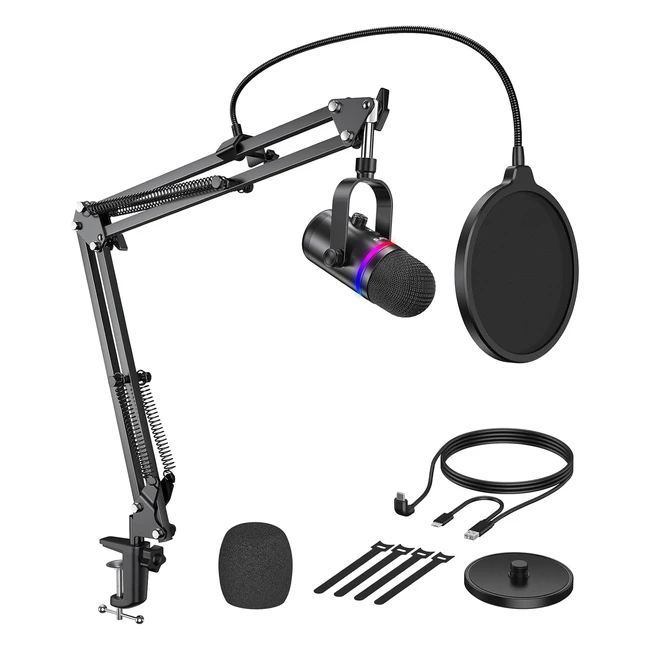 Microfono PC Tecurs Cardioide Condensatore Gaming RGB - Supporto Braccio - Filtro Pop - Podcast - Mac/PS4/PS5