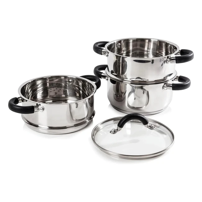 Tower T80836 Essentials Induction Steamer Pans - 3 Tier, Glass Lid, Silicone Handles, Stainless Steel, 18cm