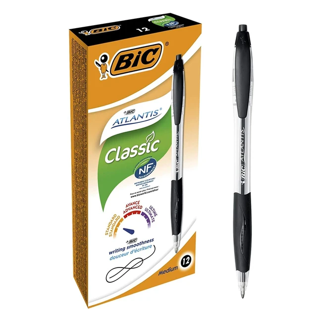 BIC Atlantis Clic Ball Pen - Black Box of 12 - Medium Point - Retractable with 