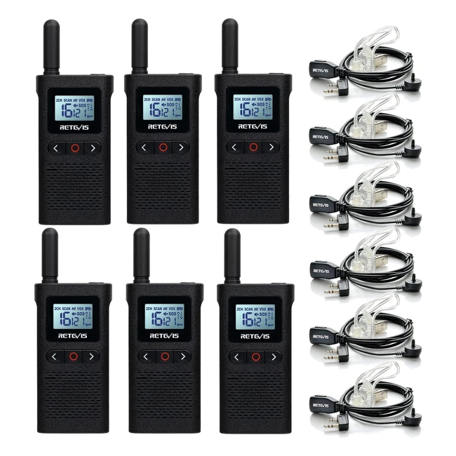Retevis RB628 Talkie Walkie Professionnel avec Casque - Rechargeable 1500mAh Batteries - Vox - LCD - CTCSS/DCS - Mini Talkie Walkie pour Ecoles et Restaurants - 6pcs Noir