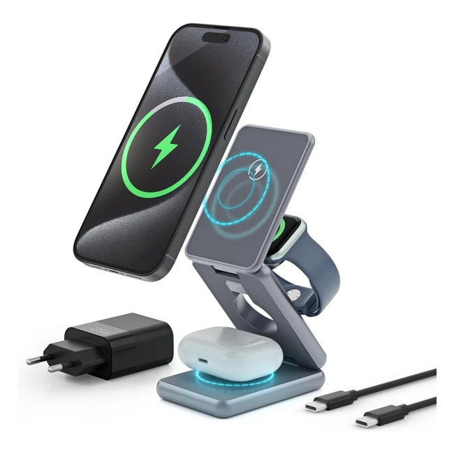 Chargeur Induction Magnétique Sans Fil Support Pliable Réglable - Decqle 101 - Compatible avec Magsafe pour iPhone 12/13/14/15, Apple Watch 1/9 Ultra, Airpods 2/3 Pro