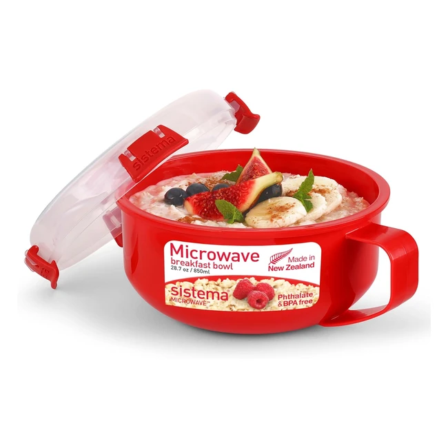 Bol Petit Déjeuner Micro-Ondes Sistema 850ml Sans BPA - Rond avec Couvercle - Rouge Transparent