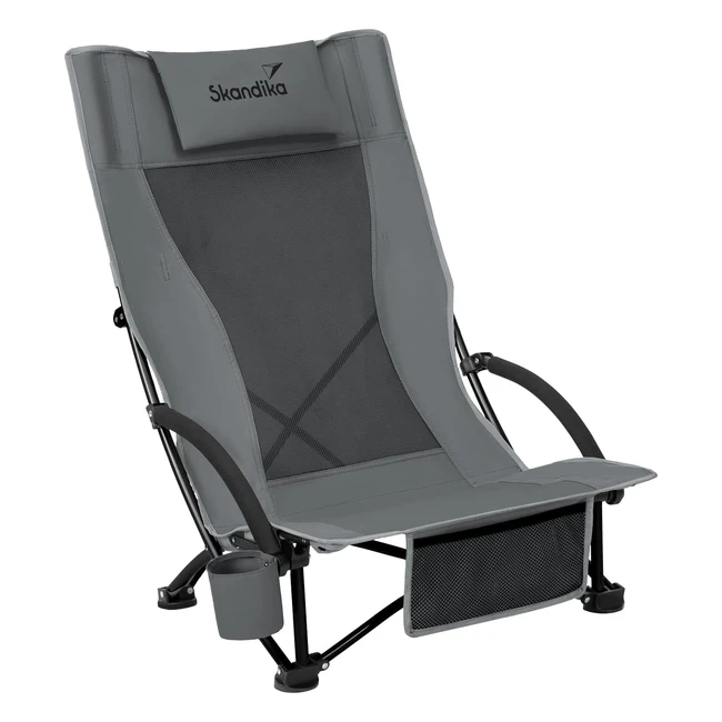 Skandika Strand Klappstuhl Beach - Bequemer Strandstuhl mit atmungsaktivem Mesh, Getränkehalter, niedrig, leicht zu transportieren - Max 136 kg - Faltbarer Campingstuhl Liegestuhl Grau