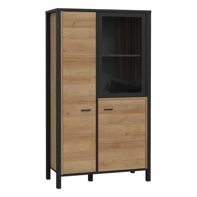 Forte High Rock Vitrine 2 Türen Glastür Holzwerkstoff Schwarz Riviera Eiche 863x1523x402cm