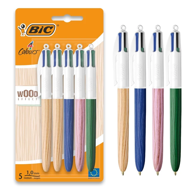 BIC 4 Colours Wood Effect Pens - Multi Coloured Retractable - Medium 10mm - Gree