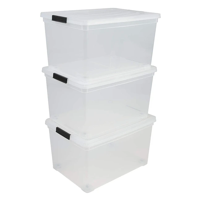 Caja de Almacenamiento Iris Ohyama 50L Lote de 3 NCS320 Transparente Apilable Clips de Cierre