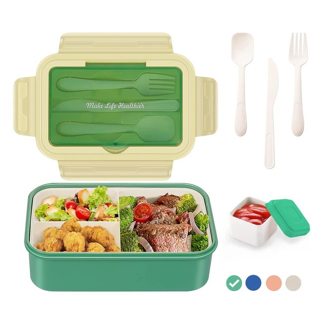 Luzoon Bento Lunch Box 1400ml - Con 3 Scomparti e Posate - Verde