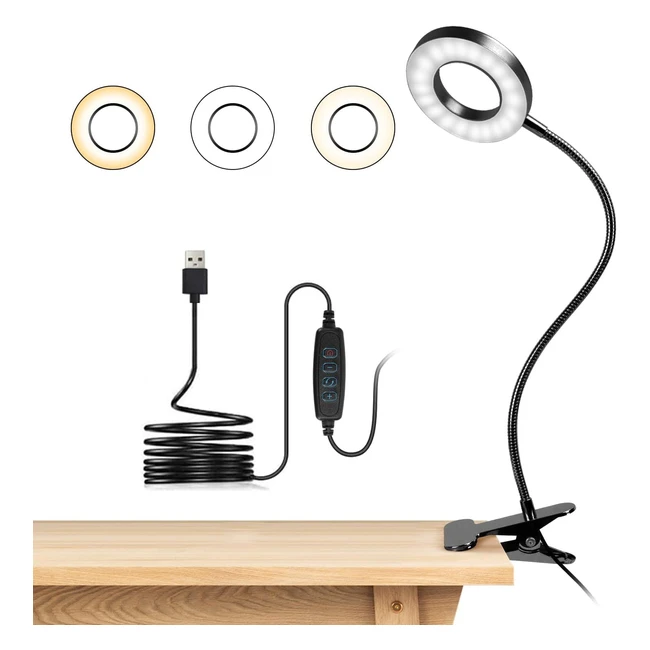 DoWoWDo Desk Lamp Clip On Reading Light - 3 Light Modes 10 Dimmable Brightness Eye Caring 360 Adjustable - Bedside Light for Reading Work Tattoo Piano