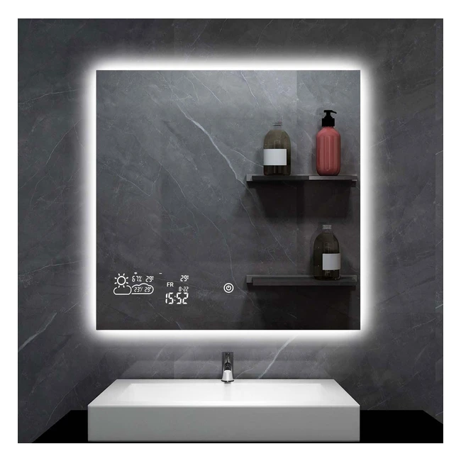 Heidenfeld Spiegel Infrarotheizung HFHS200 200W 60x60cm WiFi Spiegelheizung mit Wetterstation LED Beleuchtung