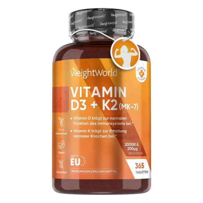Vitamin D3 K2 2000 IU 400 Tabletten mit 75mcg Vit K2 Alltrans MK7 - 1 Tablette alle 2 Tage - Natürliche Inhaltsstoffe - Vegan - WeightWorld LD
