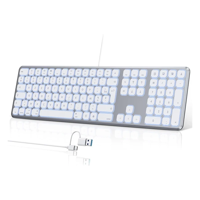 Clavier pour MacBook Tecurs USB Rétroéclairé Filaire AZERTY avec Pavé Numérique Magic Keyboard Silencieux Multimédia Adaptateur USB/USB-C