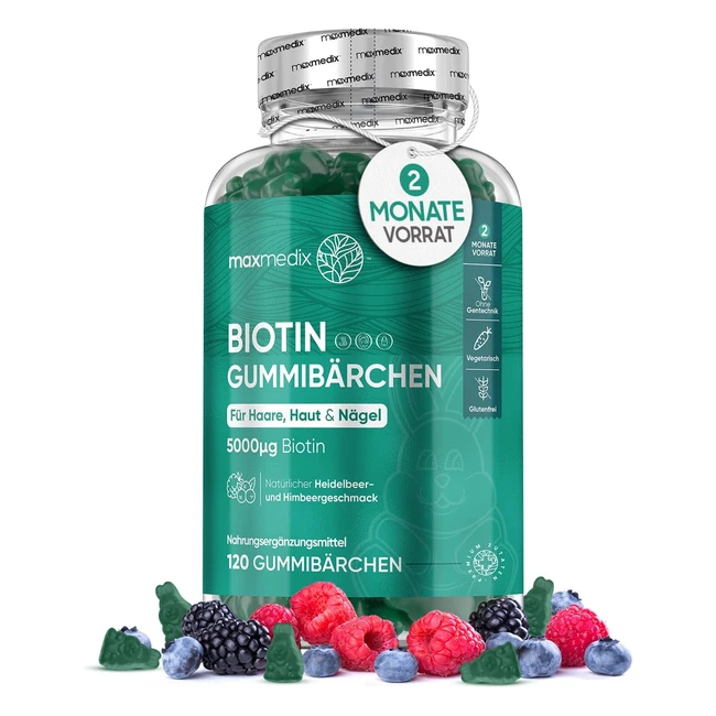 Biotin Gummy Bears für Haut Haare Nägel - 5000mcg Biotin, Folsäure, Selen, Jod, Vitamin A, B12, E - 120 Gummibärchen