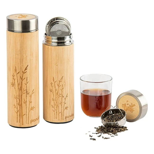 Pandoo Tea Togo Thermos in Bambù 480ml - Bottiglia Termica Doppia Parete con Colino Acciaio Inox