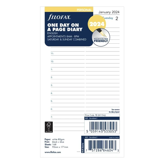 Filofax Personal 2024 Day Per Page Diary - White English Appointments #Organizer #Planner #2024