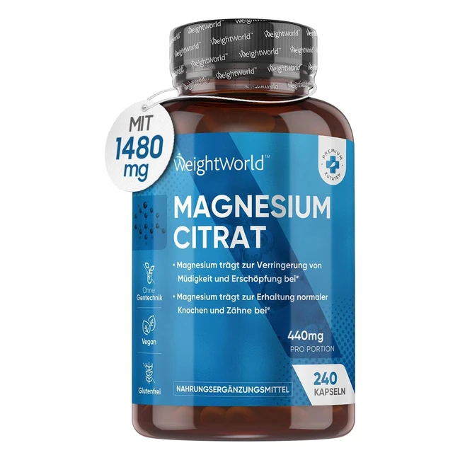 Magnesium Citrate 240 vegane Kapseln 1480 mg reines Magnesiumcitrat mit 440 mg e