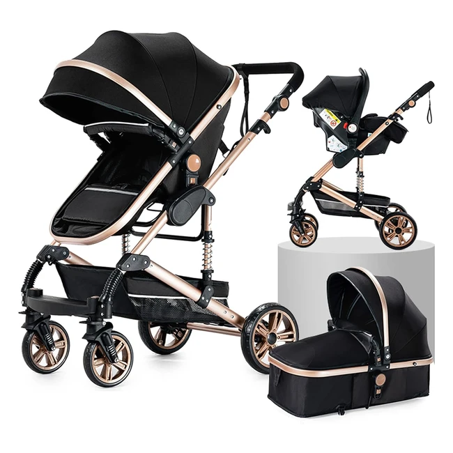 3 in 1 Baby Travel System Pushchair Stroller - Black Gold - High Landscape Car -