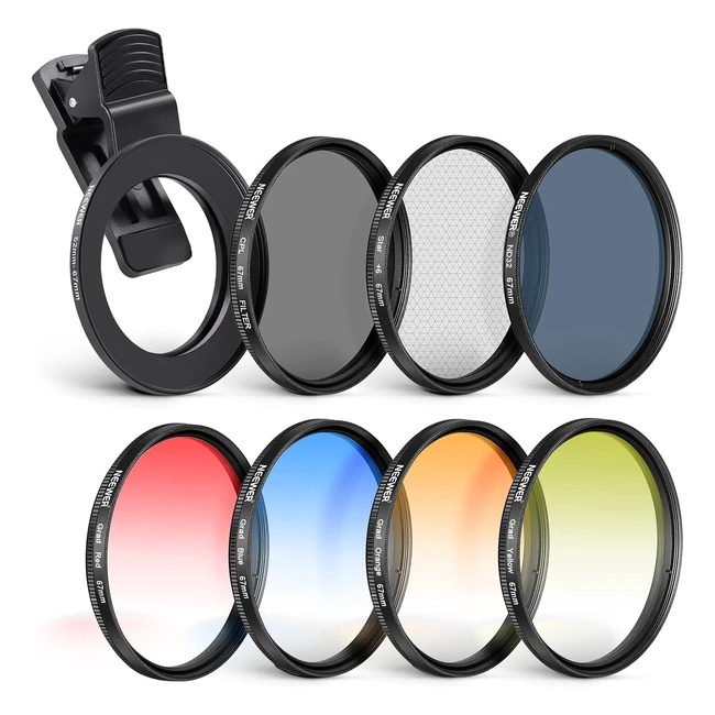 Neewer Kit Filtre 67mm Clip Phone CPL ND32 Filtre Etoile 6 Points 4 Couleurs iPhone 15 14 Pro Max