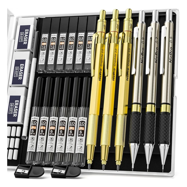 nicpro 6pcs gold mechanical pencils set 3 pcs 2mm lead holder 2b hb 2h clutch propelling drafting pencil