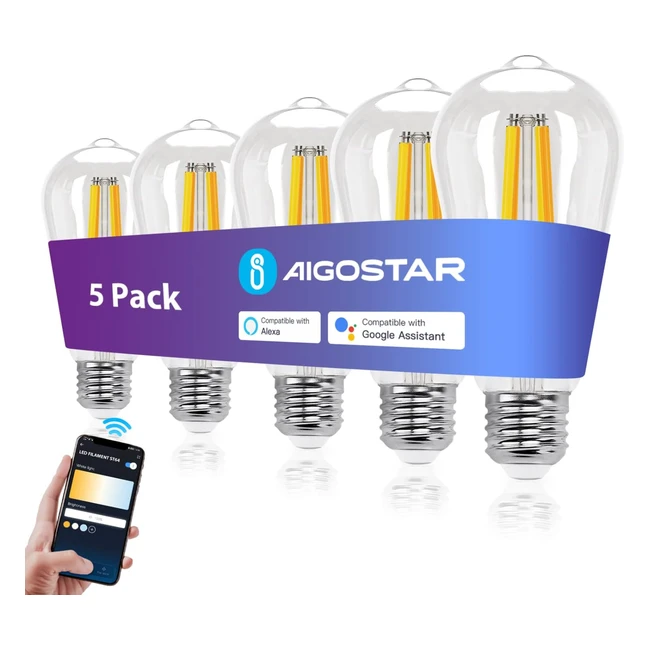 Aigostar Bombillas Alexa E27 Edison 6W 850LM Wifi Vintage ST64 Filamento Regulab