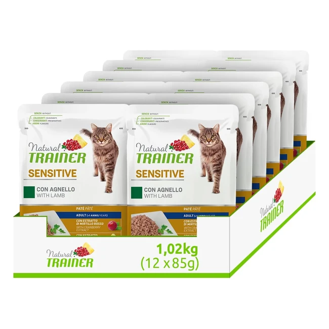 Mangime Umido per Gatti Natural Trainer Sensitive con Agnello - 12 Buste da 85gr