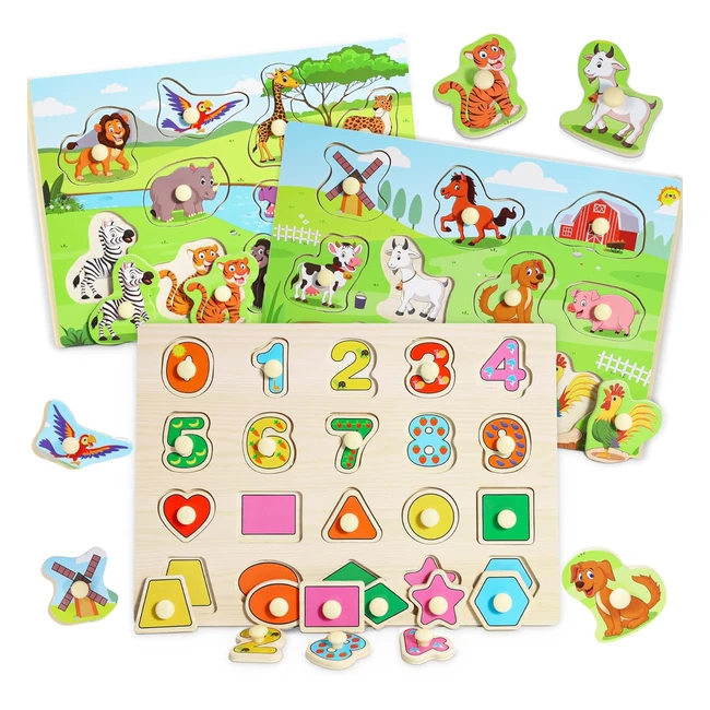 Lenbest 3 Piece Wooden Jigsaw Puzzles for Kids - Educational Toys for Toddlers