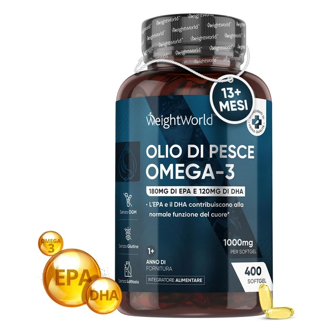 Omega 3 Olio di Pesce 13 Mesi 400 Softgel 1000mg - Cuore Vista Cervello - Senza 