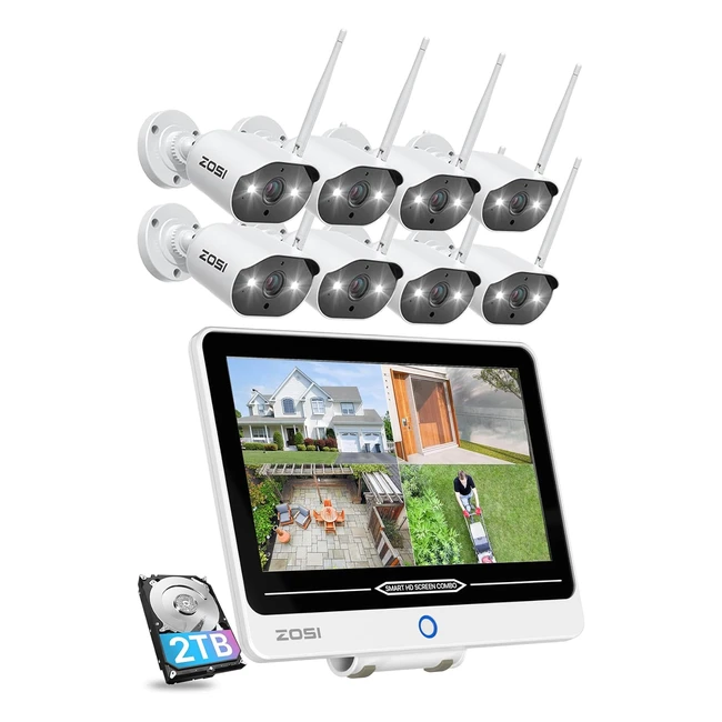 ZOSI 3MP Wireless CCTV Camera System with 125Monitor 8CH 2K NVR - 8pcs 3MP Outdo