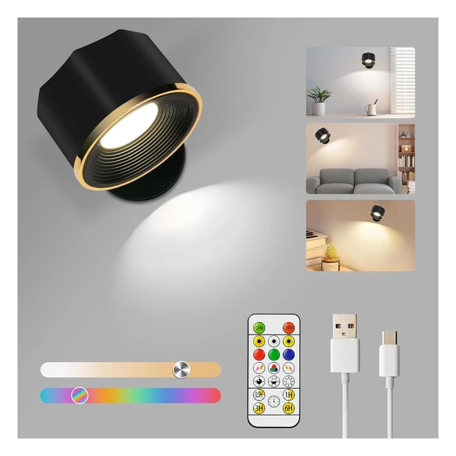 Vicloon LED Wall Light - 16 Brightness Modes - Touch & Remote Control - 360 Rotate - Bedroom Cabinet - Black