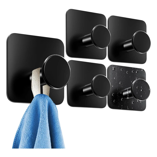 Menz 5 No-Drill Self Adhesive Hooks - Black Modern Stick On Hooks - Non-Rust - Waterproof - Strong Hold