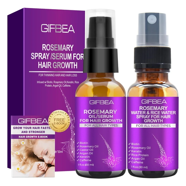 Gifbea Rosemary Oil Serum for Hair Growth w/Rosemary Water & Rice Water Spray - Biotin, Castor Oil, Argan Oil, Caffeine, Keratin - Reduce Hair Loss - Hair Thickening Products Treatment for Women Men