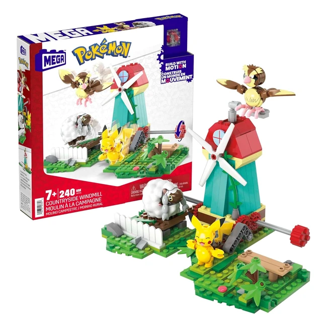 Mega Pokemon Action Figure Building Toy Set | Countryside Windmill | 240 Pieces | Motion | 3 Poseable Characters | Gift Idea for Kids | HKT21