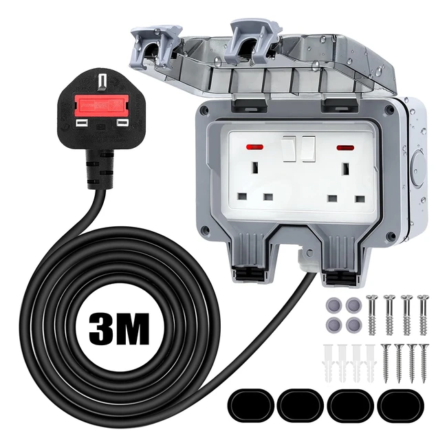 Ricokey Weatherproof Outdoor Socket Waterproof Double Socket 3m Extension Lead PC MaterialRubber IP66 Switched Wall Electrical Outlet 13Amp 2 Gang Power Socket